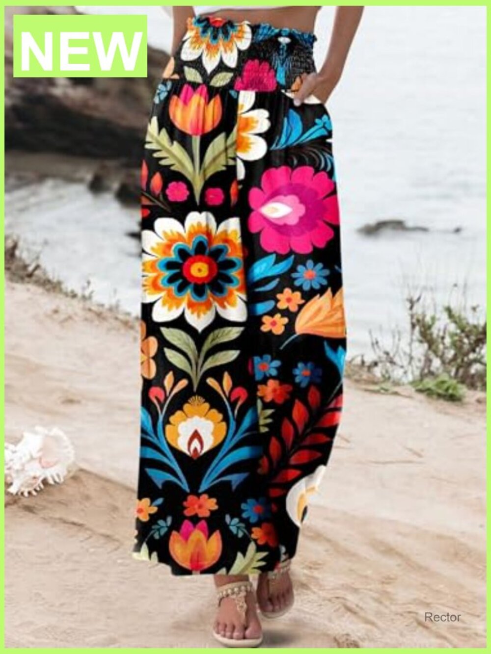Wide Leg Palazzo Pants High Waisted Elastic Smocked Waist Flowy Casual with - Picture 2 of 7